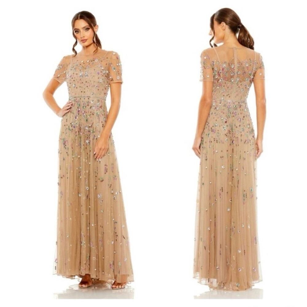 Mac Duggal Embellished A-Line Gown Dress Short Sleeves Antique Gold Size 12 NWT